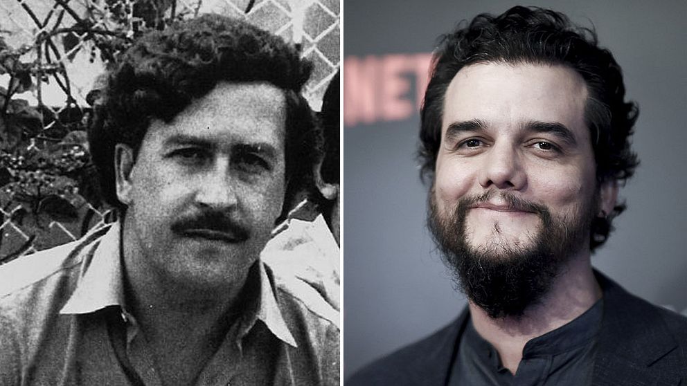 Pablo Escobar 1983 till vänster. Skådespelaren Wagner Moura, som spelar knarkkungen i Netflix serie Narcos till höger.