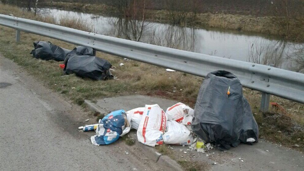 Sopsäckar som slängts vid en svensk väg.
