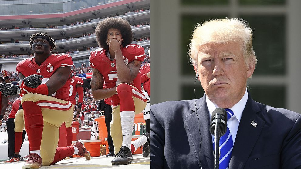 Colin Kaepernick med lagkamrat och Donald Trump i 2-delad bild.