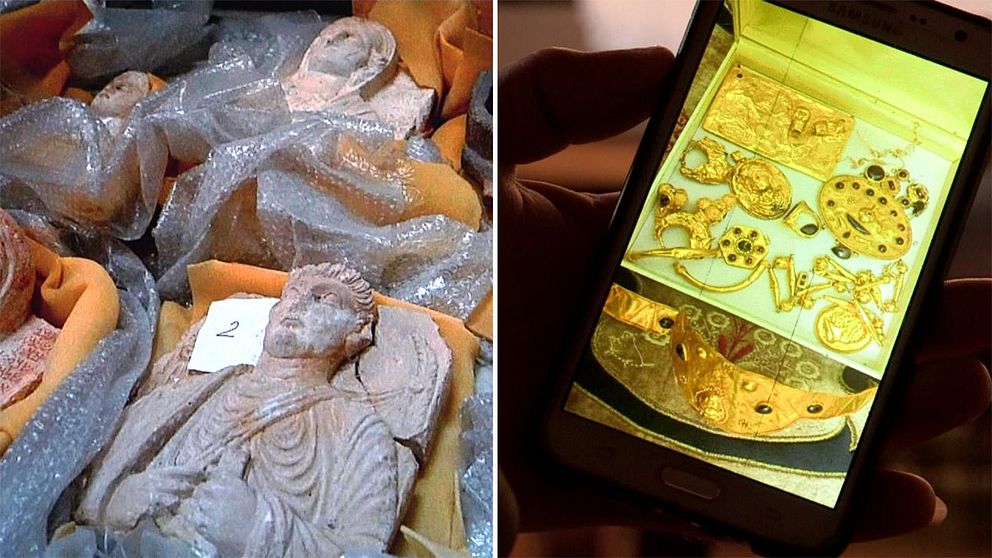 Till vänster stenfigurer ligger uppradade på bubbelplast. Till höger en mobilskärm som visar smycken och föremål i guld.