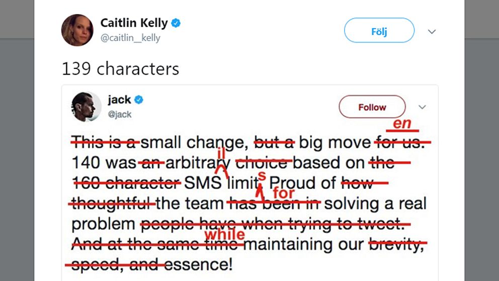 En skärmdump av hur Caitlin Kelly har med röda streck strukit över ord och kortat ner ursprungstweeten till 139 tecken.