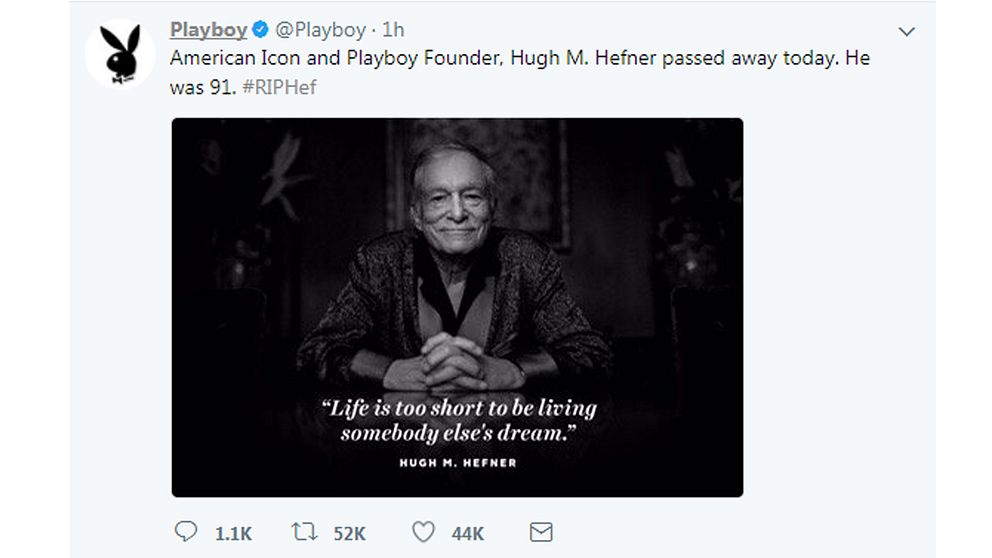 Playboy twittrar ut beskedet om Hefners död
