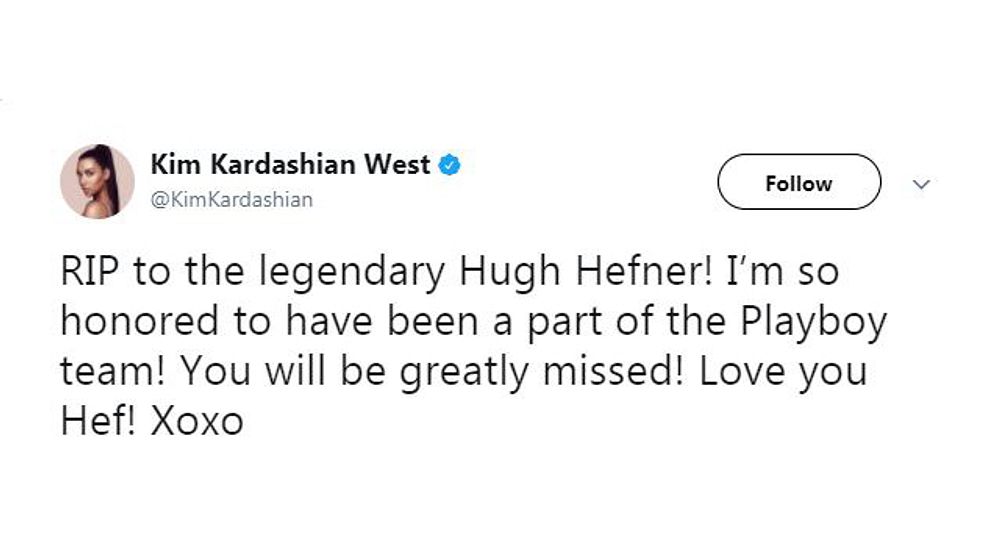 Kim Kardashian West: ”Vila i frid legendariska Hugh Hefner! Jag är hedrad över att ha varit en del av Playboy-teamet! Du kommer att vara saknad! Älskar dig Hef!