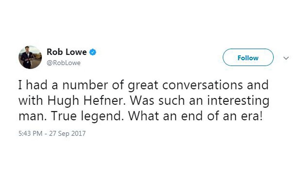 Rob Lowe: ”Jag hade många fantastiska konversationer med Hugh Hefner. Han var en intressant man. En äkta legend. Det här är slutet på en era!”