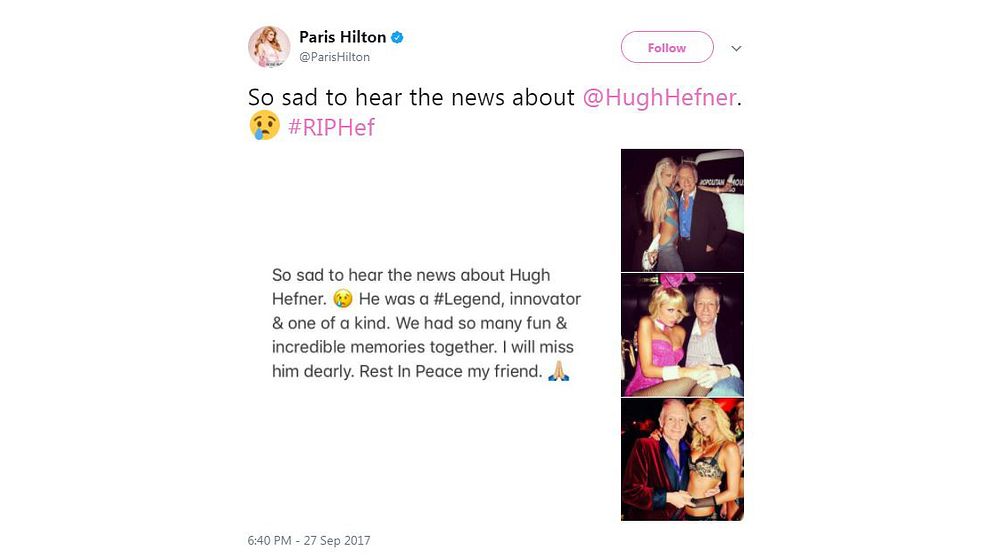 Paris Hilton: ”Blev så ledsen när jag hörde nyheten. Han var en legend, innovatör och unik. Vi har så många minnen ihop. Vila i frid min vän.”