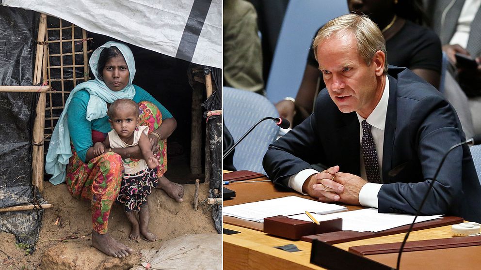 En rohingyaflykting med sitt barn i ett flyktingläger i Bangladesh, samt Sveriges FN-ambassadör Olof Skoog i säkerhetsrådet.