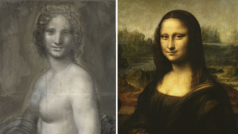 Till vänster en bild på Monna Vanna, kolteckningen. Till höger en bild på Mona Lisa.