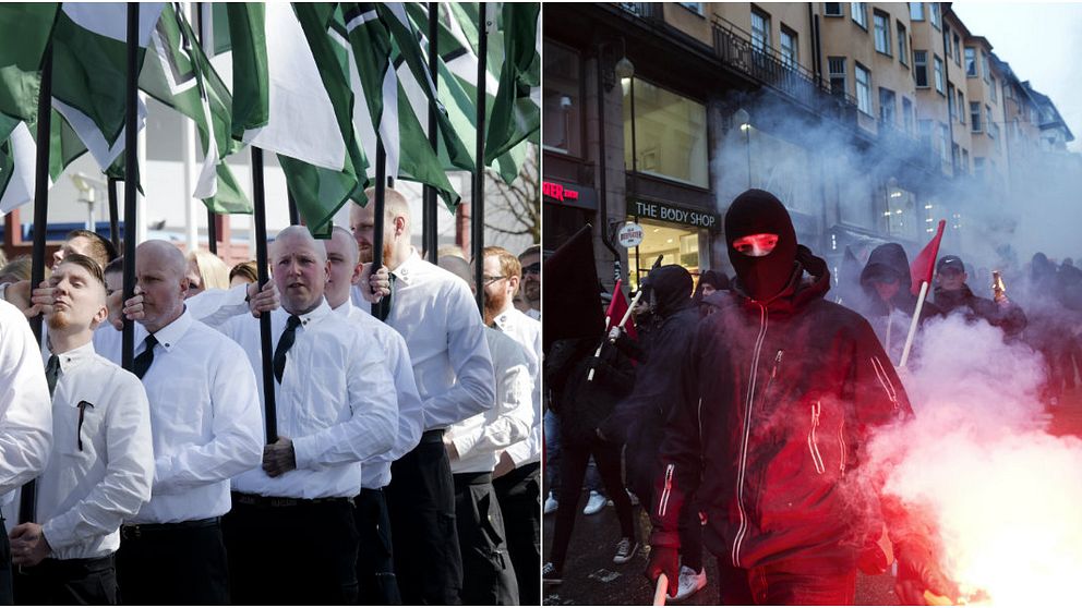 Till vänster NMR, till höger vänsterextrema under en demonstration i Stockholm.