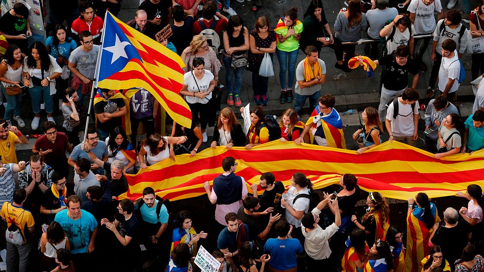 Demonstranter håller upp den katalanska flaggan.