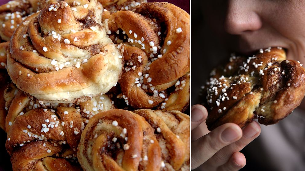 En person öppnar munnen och äter en kanelbulle.