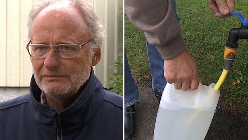 Jerry Eklund är en av invånarna som får hämta vatten i dunkar.