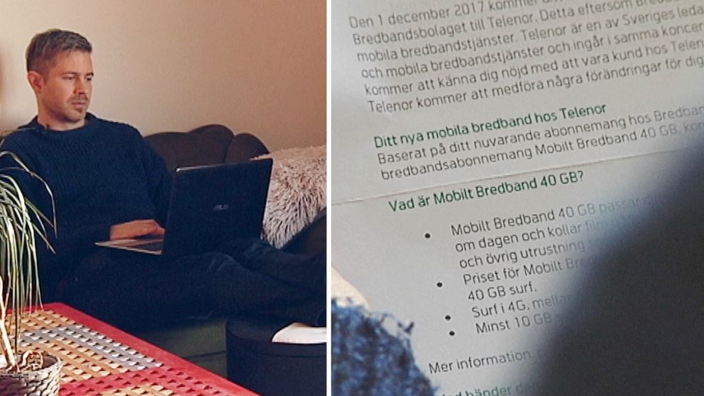 Daniel Larsson Tangfors surfar på nätet och ett brev från Telenor