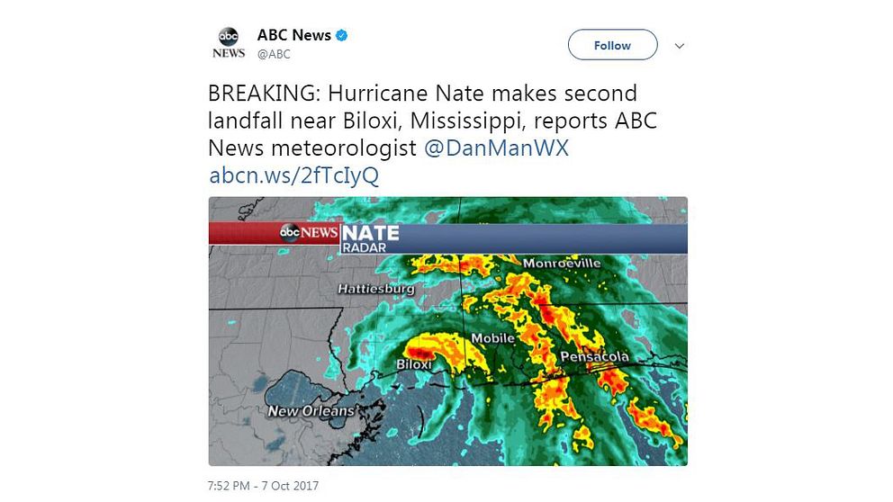 En tweet från ABC News om orkanen Nates utvekcling.