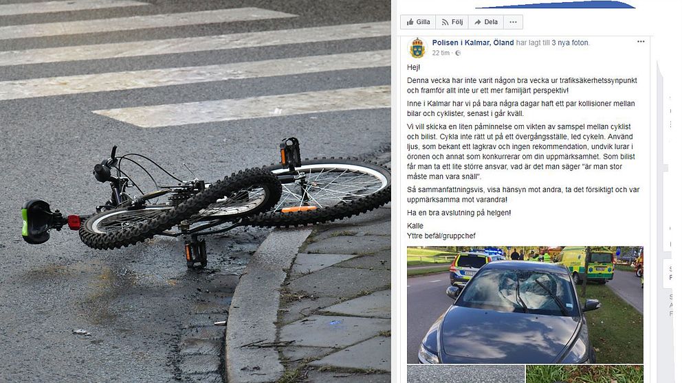 Cykel på övergångsställe och skärmdump från polisens Facebook-sida