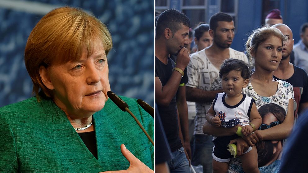 Till vänster Angela Merkel, till höger migranter i Budapest som ska kliva på ett tåg påväg till Tyskland
