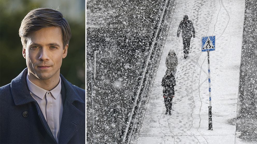 Till vänster Nils Homqvist. Till höger en akrivbild från ett snöoväder.