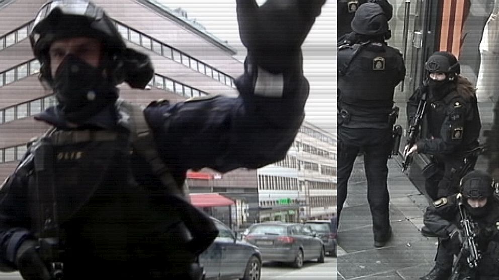 ”För er egen säkerhet, spring fort som fan!”, skriker den tungt beväpnade polisen till åskadare vid attentatsplatsen. Hela centrala Stockholm fylldes snabbt av insatsberedd polis.