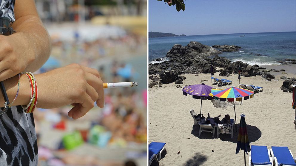 Till vänster en person som håller en cigarett i handen. I bakgrunden ses en strand. Till höger solstolar och parasoll på Patong beach.