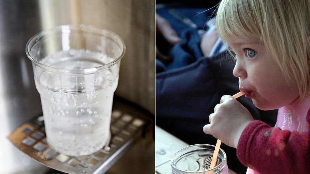 Plastmugg och barn med plastsugrör