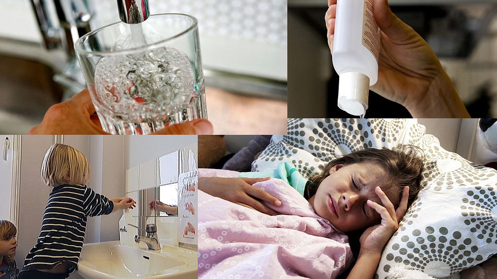 Fyra bilder med: vattenglas, handsprit, ett barn som tvättar händer, en person som ligger sjuk i sängen.