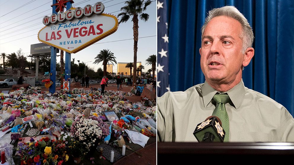 Blommor vid en skylt i Las Vegas samt sheriff Joseph Lombardo vid en presskonferens