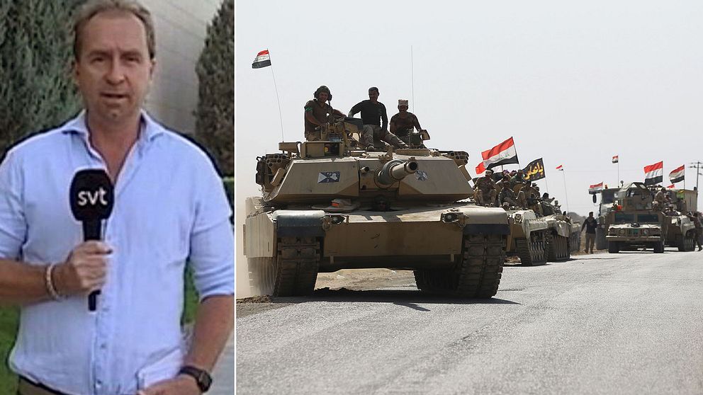 SVT:s korrespondent Stefan Åsberg och en bild på irakiska styrkor.