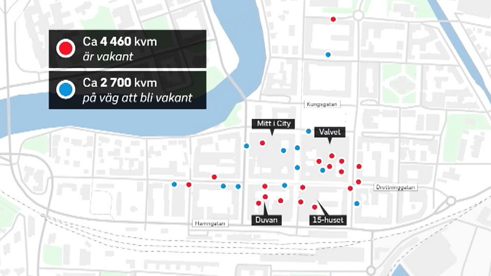 Just nu är närmare 4500 kvadrat meter butiks- och restaurangyta tomma i Karlstad centrum