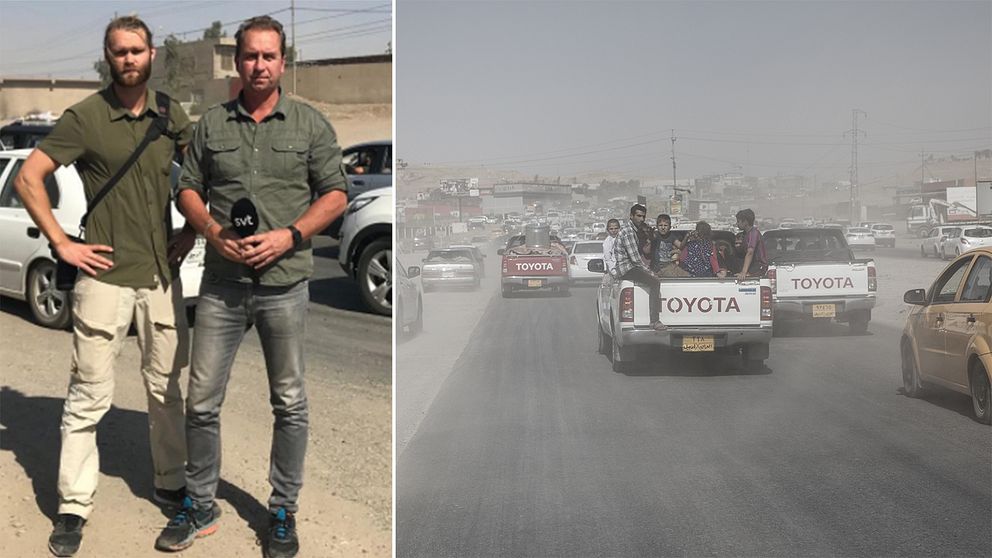Människor flyr Kirkuk efter irakiska arméns framryckning. Till vänster SVT:s fotograf Niclas Berglund och korrespondent Stefan Åsberg.