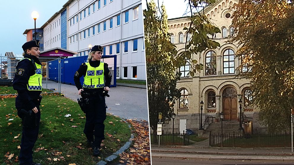 Poliser utanför Sundsta- Älvkullegymnasiet. Tingvallagymnasiets fasad.