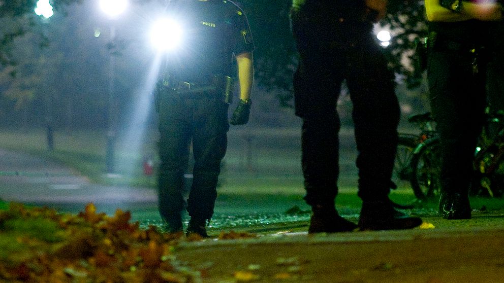 Poliser med ficklampa söker under natten