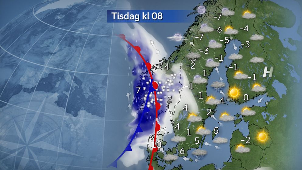 Tisdag morgon: Under morgonen kommer ett regn och snöväder in från väster. Gränsen mellan snö och regn går någonstans över Värmland.