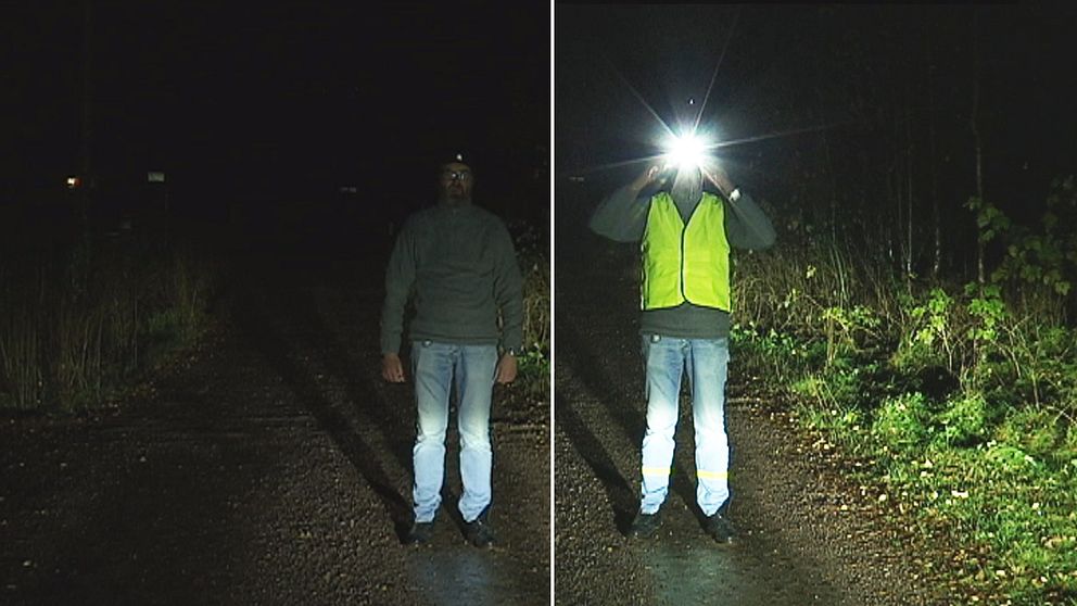 dubbelbild: person står i mörkret på väg, utan respektive med reflexväst och pannlampa.