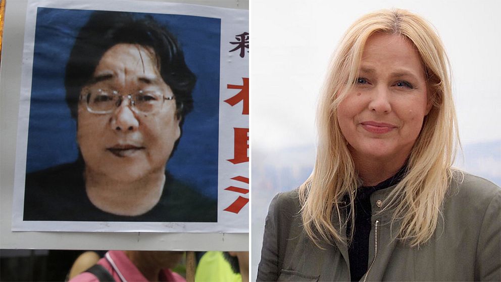 Till vänster ett plakat med bild av Gui Minhai. Till höger Susan Ritzén.