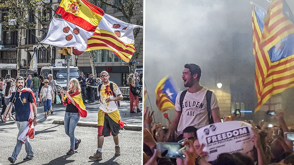 Demonstranter både för och emot Kataloniens självständighet.
