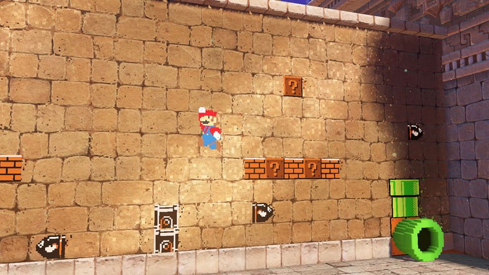 Super Mario Odyssey är fullt av hyllningar till tidigare generationers Mario-äventyr. Flera väggar och kulisser i spelet kan utforskas i 2D-format, en blinkning till 80-talets ursprungliga Mario-trilogi.