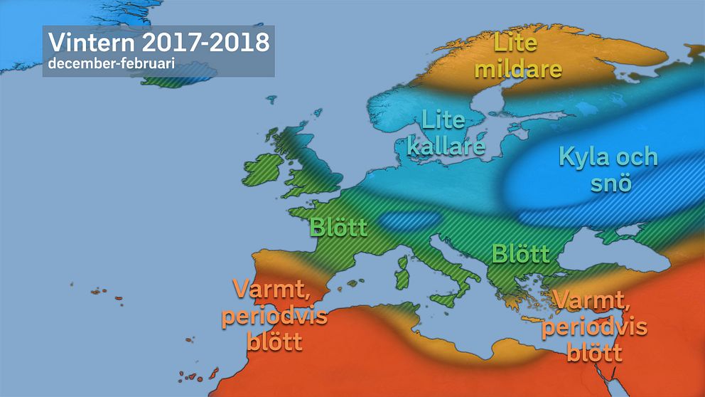 Schematisk bild över hur vädret kan komma att upplevas över Europa vintern 2017-2018. Bedömningen förhåller sig till vad som är klimatologiskt ”normalt” i respektive område.