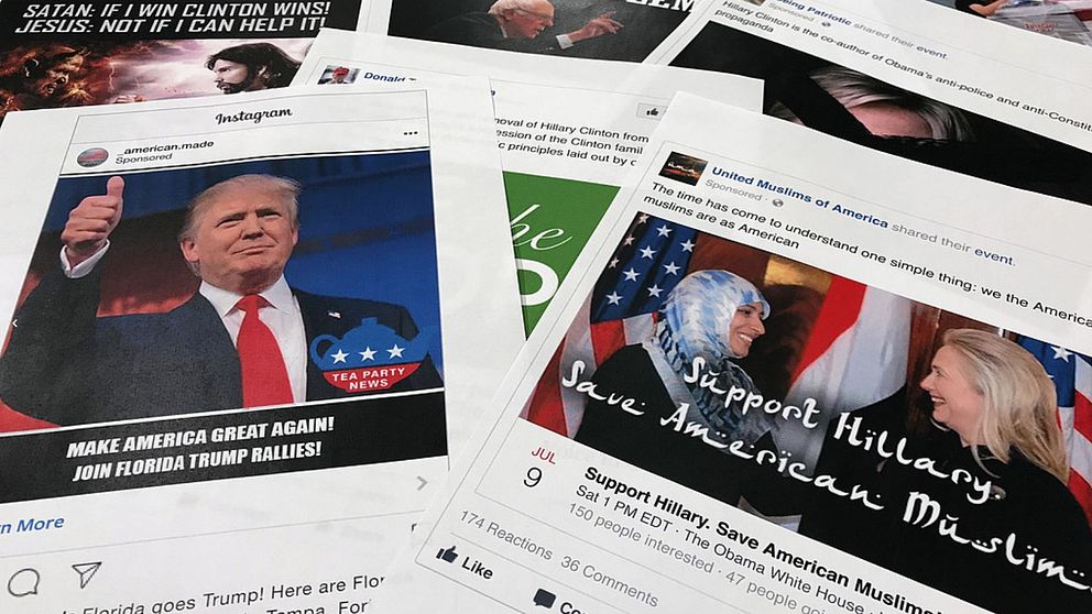 Ett urval av de annonser som kopplas till ryska försök att störa och påverka det amerikanska presidentvalet.