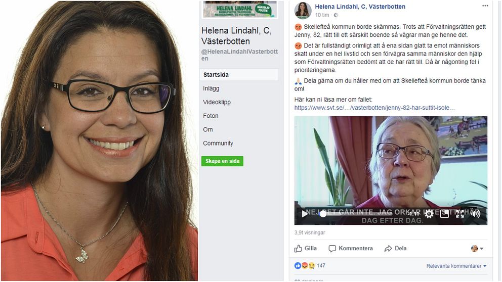 porträttbild på kvina, och skärmdump från facebook med text och video