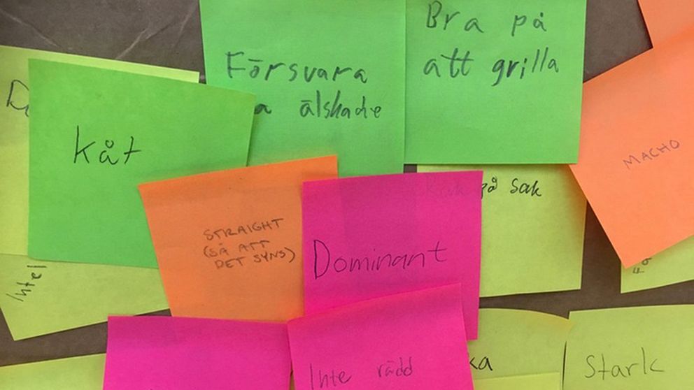 Pojkarnas post it-lappar med upplevde förväntningar kring maskulinitet: Kåt, dominant, straight och bra på att grilla är några av orden som skrivits upp.