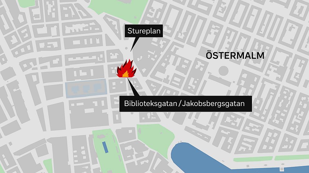 Karta som visar var branden i centrala Stockholm bröt ut. Grafik: SVT