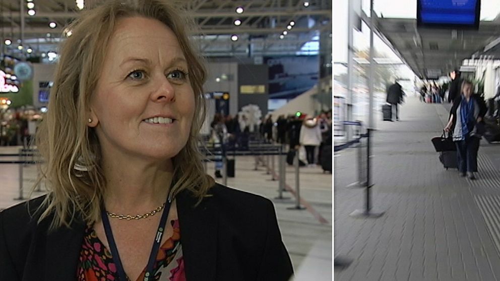 En bild där landvetter flygplats flygplansdirektör Charlotte Ljunggren är till vänster och i höger till bild en person som går med en rullväska