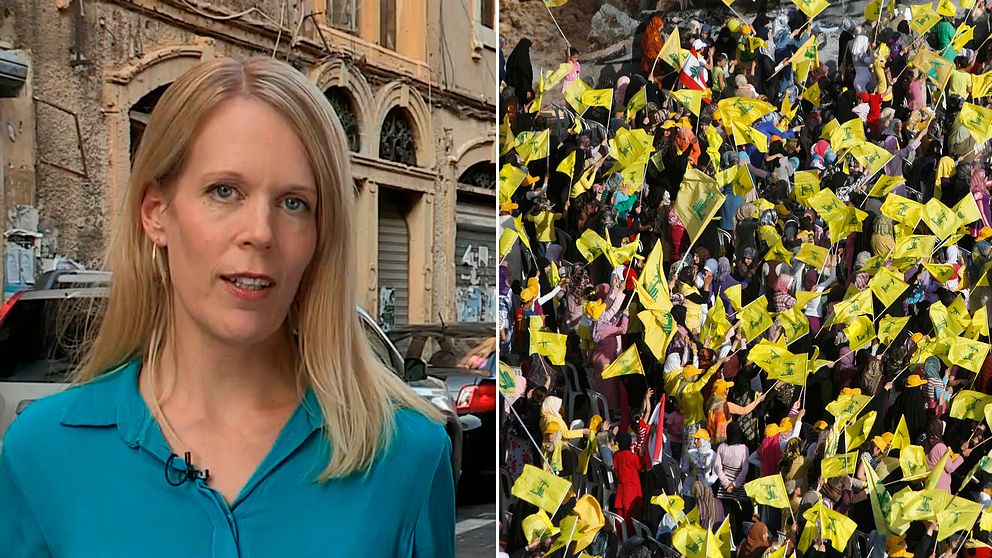 SVT:s korrespondent Stina Blomgren och en bild på en folksamling som bär Hezbollahs flagga.