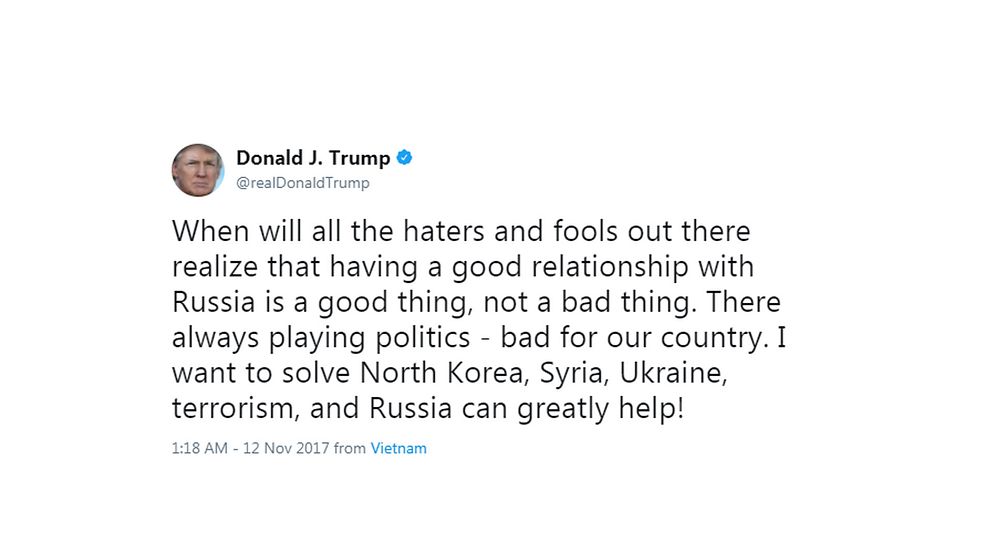 Nu undrar Trump på Twitter när hans motståndare kommer att inse att det är ”bra att ha goda ryska relationer, inte dåligt”. Att alltid dra det politiska kortet är dåligt för USA, twittrar Trump.