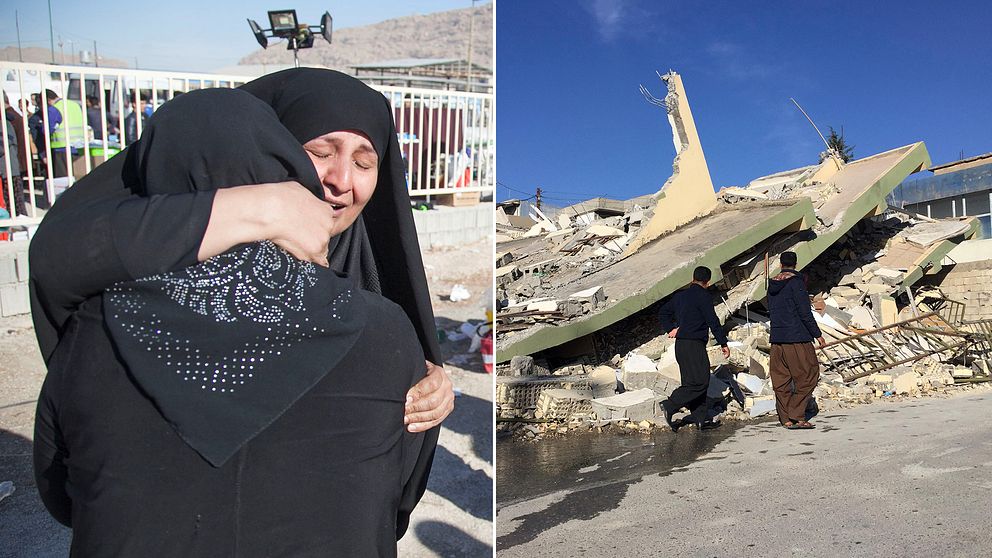 Två sörjande kvinnor omfamnar varandra i Iran. En byggnad som kollapsat efter jordbävningen i Irak.
