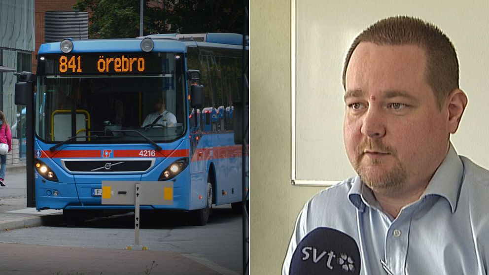Ett montage av bilder. Till vänster en av länstrafikens bussar, till höger en bild på Tony Lundberg som är trafik- och marknadschef länstrafiken Region Örebro län.