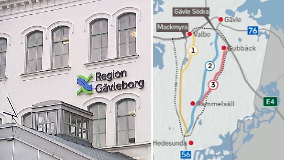 Delad bild på region gävleborgs administrationsbyggnad och en karta över förslag på framtida dragning av väg 56.