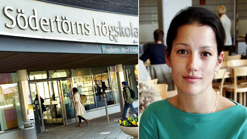 Tvådelad bild föreställande entrén till Södertörns högskola till vänster och Inger Ashing till höger