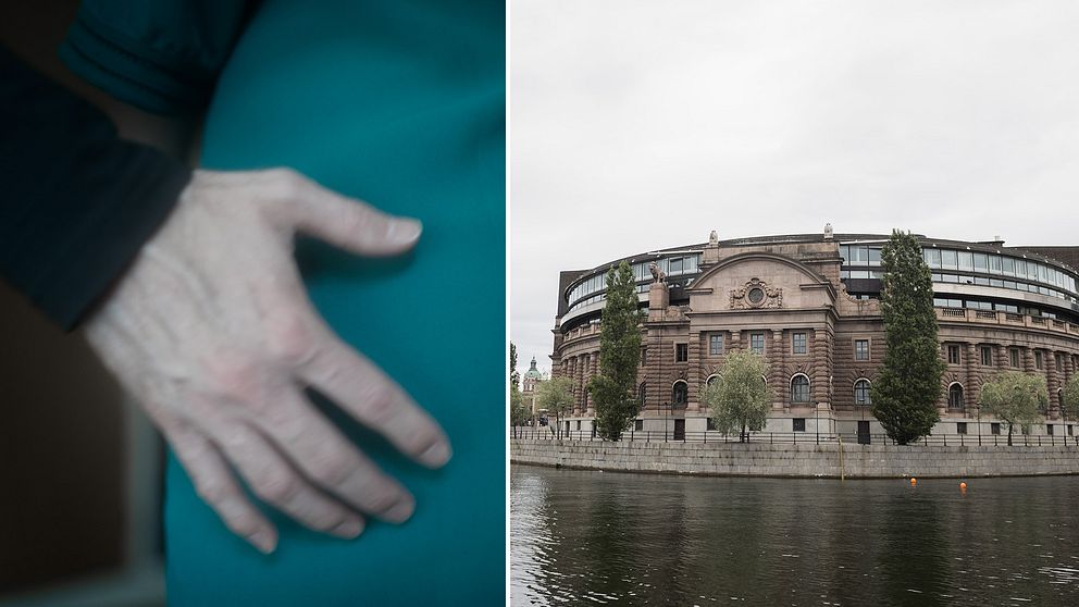En man håller sin hand på en kvinnas höft. Bredvid en bild på den svenska riksdagen.