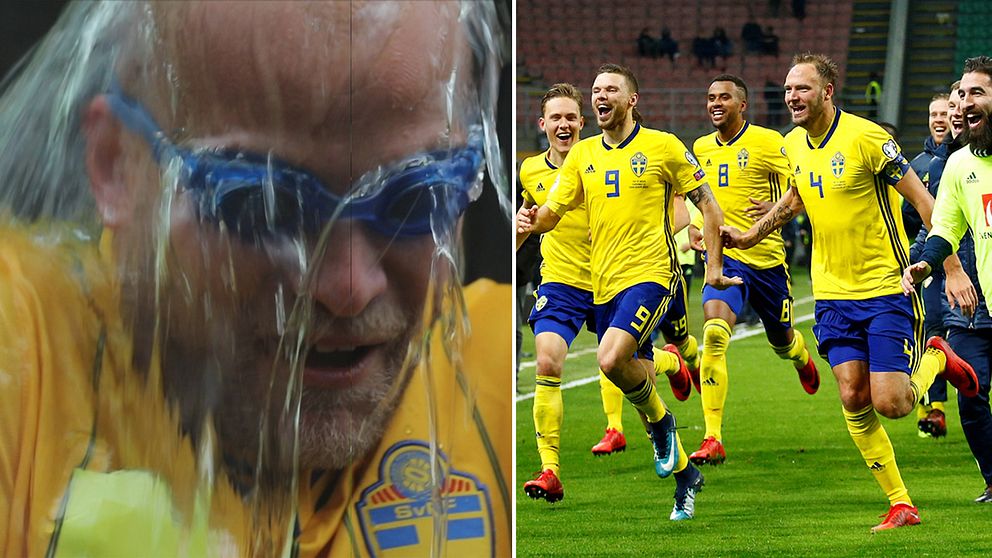 Lilla Aktuellts reporter Christopher Gimling Shaftoe och Sveriges landslag firar segern.