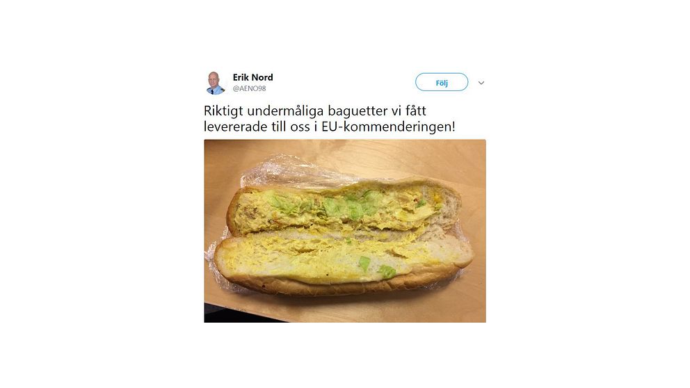 En skärmavbild från en tweet där Erik nord kallar baguetten för undermålig.